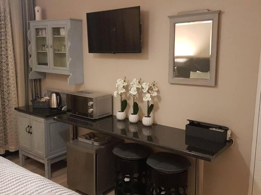 Una pequeña kitchenette equipada con microondas, tostadora y armarios, un televisor de pantalla plana, un espejo y tres orquídeas en macetas.