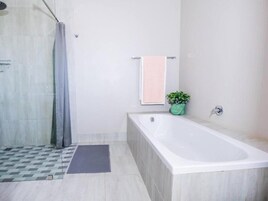 Un baño con bañera, ducha y una pequeña planta en maceta.