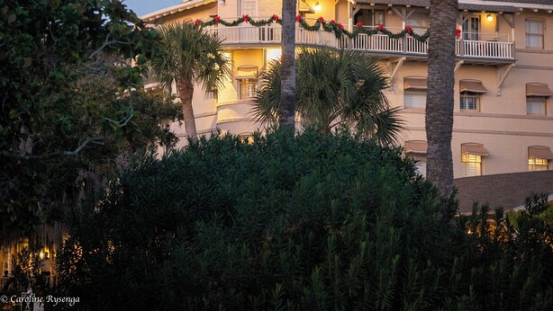 A multi-story building with a tower, palm trees, and festive lights.
