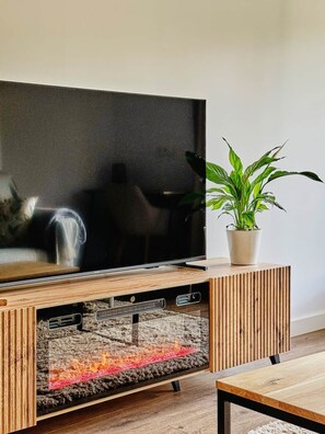 Uma sala de estar moderna com uma televisão de tela plana sobre um suporte de madeira, uma planta em vaso e uma lareira abaixo da TV.