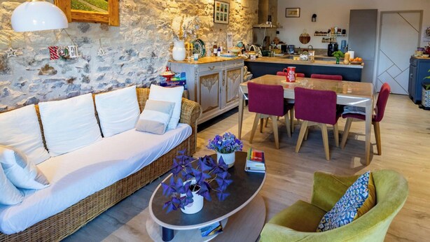 A cozy living room with a sofa, a dining table, and a kitchen area.