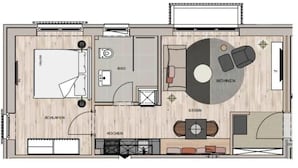 Ein Grundriss mit Schlafzimmer, Bad, Küche, Wohnzimmer und Essbereich.