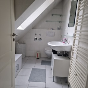 Un bagno moderno con un lucernario, un water, un lavandino e una zona doccia.