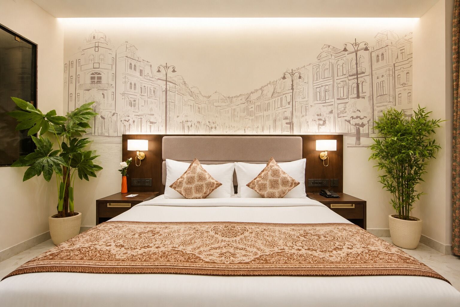 A hotel room with a large bed, two nightstands, a wall mural, and potted plants.