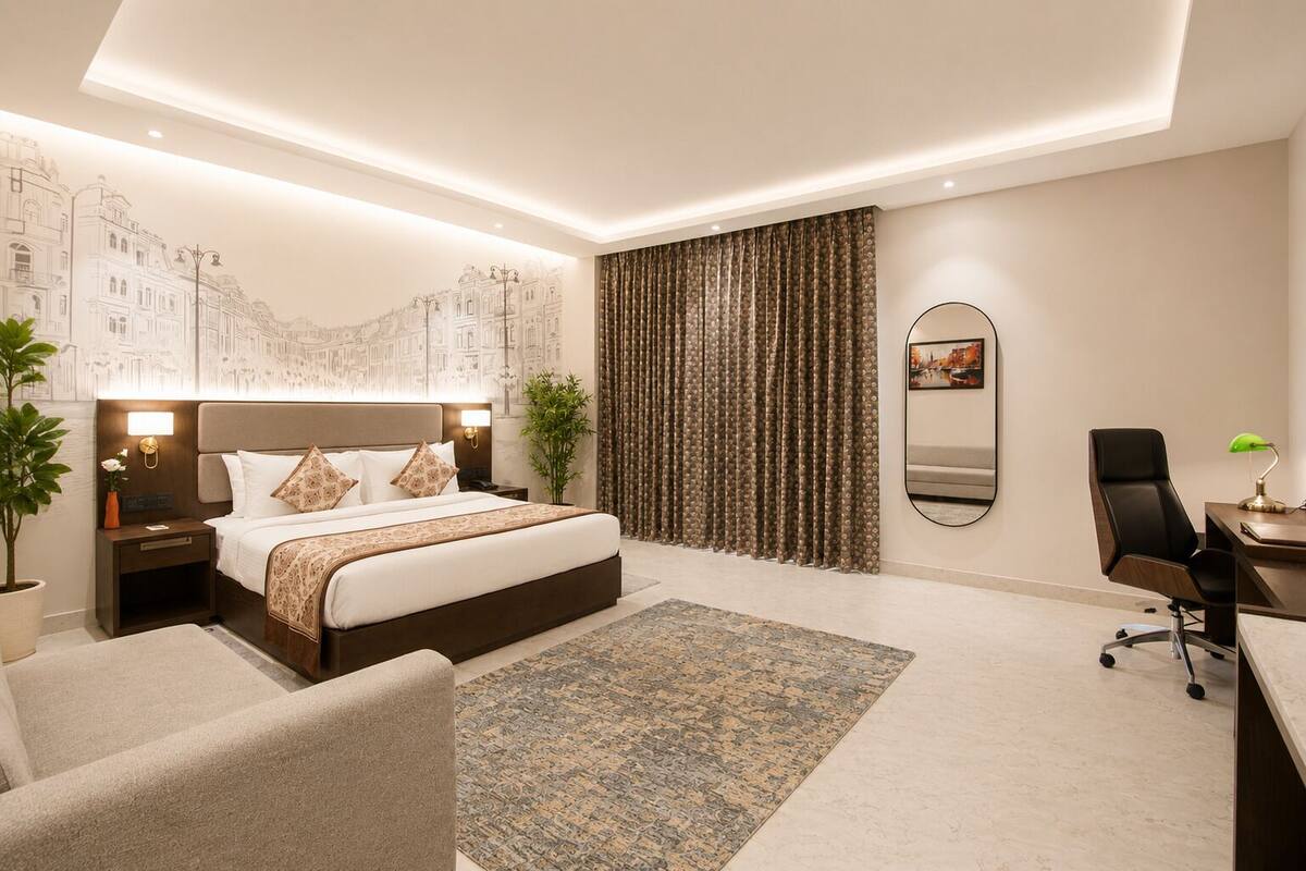 Una habitación de hotel moderna con una cama grande, un escritorio, una silla y un ventanal con cortinas.