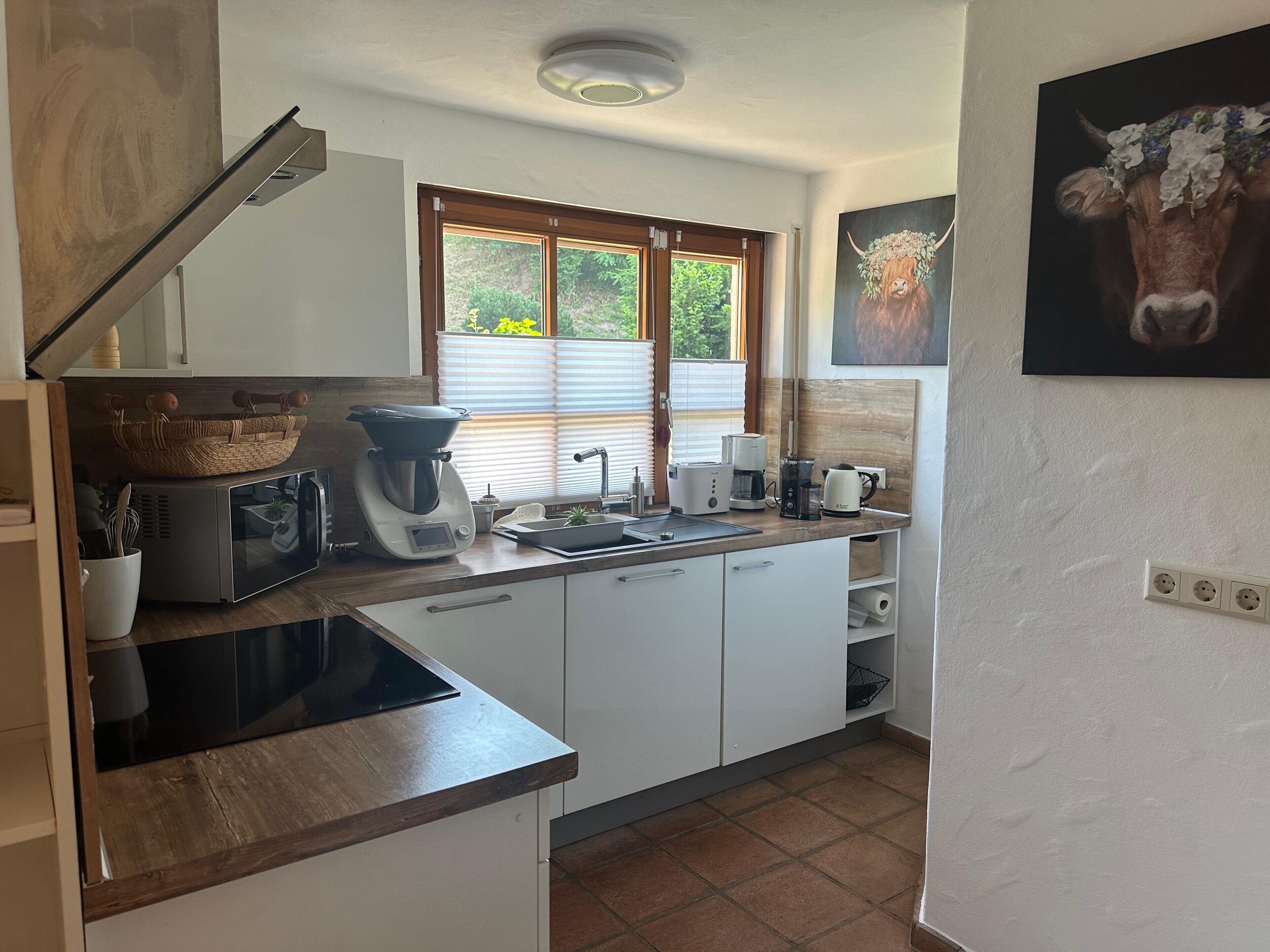 Coffee/tea maker, fridge, microwave, oven