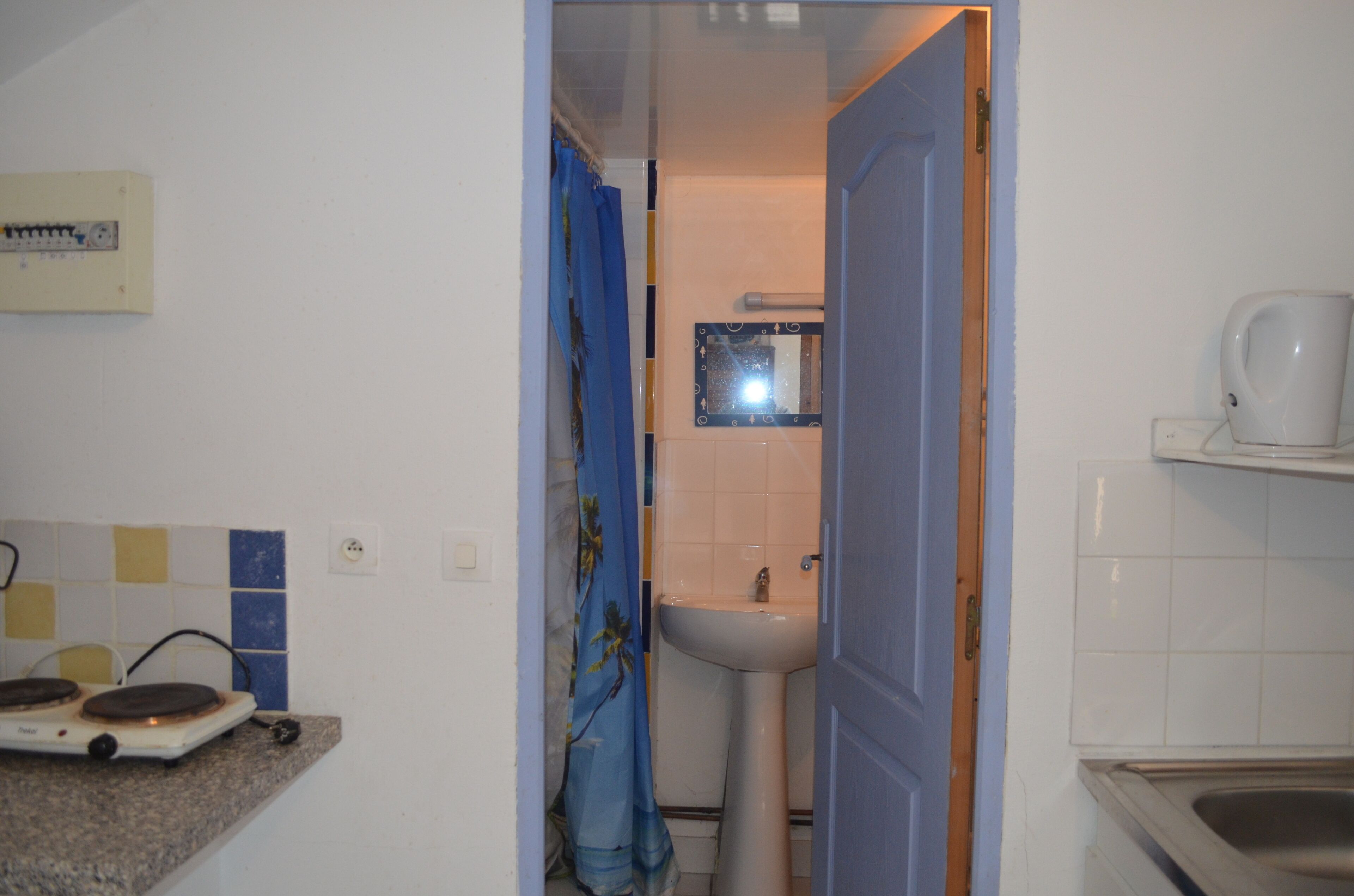 A narrow hallway leading to a bathroom with a sink and a mirror.