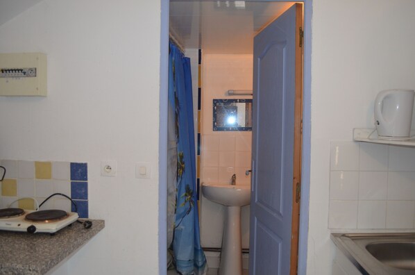 A narrow hallway leading to a bathroom with a sink and a mirror.