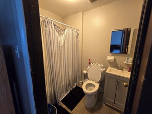 A bathroom with a shower curtain, toilet, sink, and mirror. - Tranquil Studio apartment with AC in charming Camden near Philadelphia (Camden)