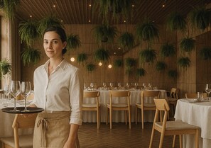 A restaurant interior with wooden tables, chairs, and hanging plants.