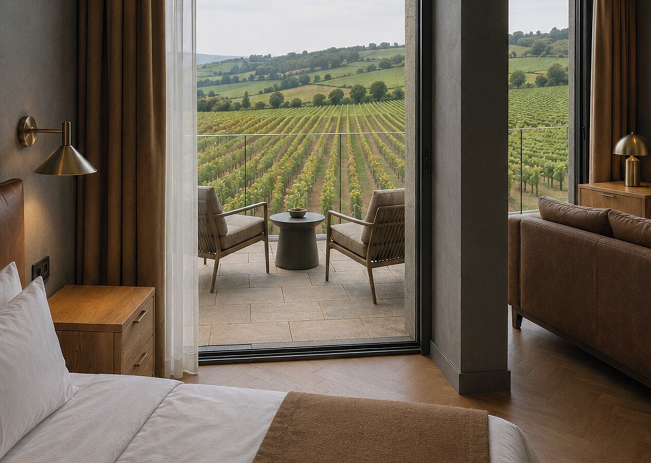 Suite junior, terraza, vistas al viñedo | Ropa de cama hipoalergénica, minibar, caja fuerte y cortinas opacas