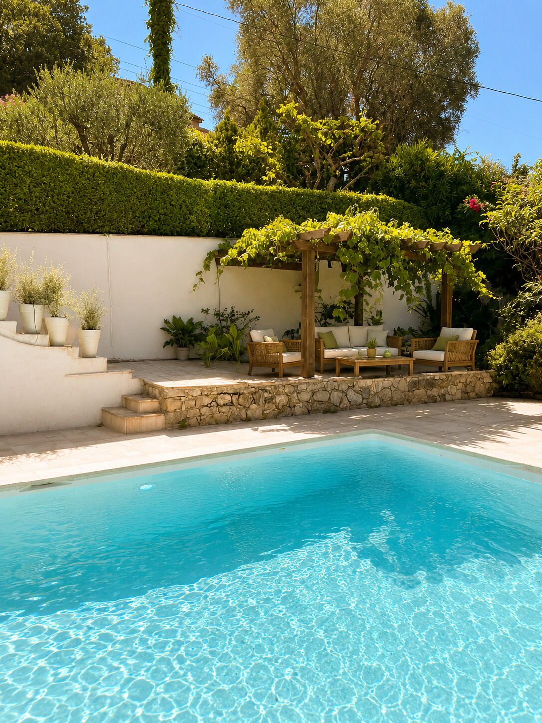 A swimming pool with a pergola, outdoor seating, and potted plants.