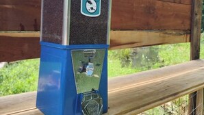 A blue and silver fish feeder with a label that reads 'FISH dry food' mounted on a wooden railing.