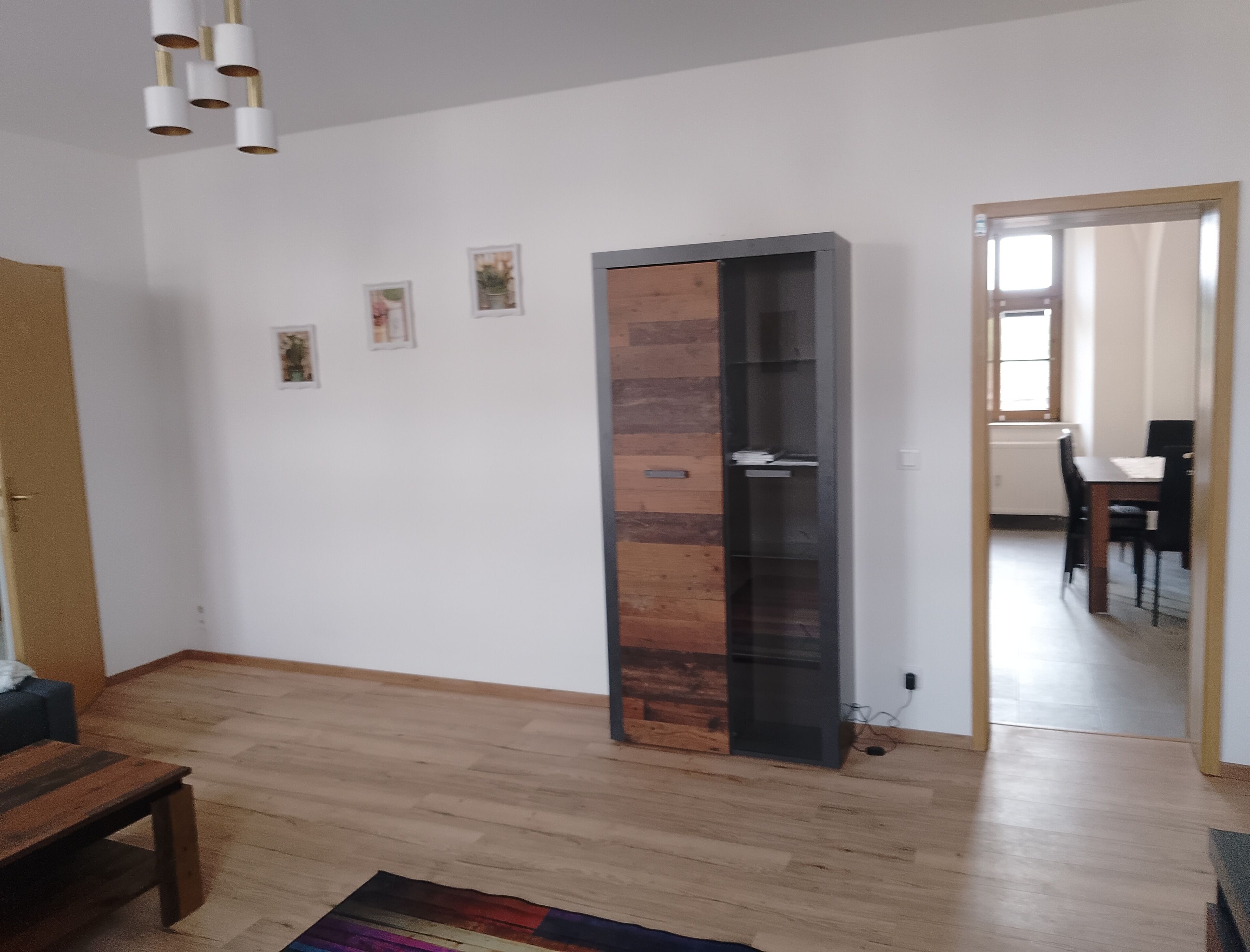 Una habitación con piso de madera, una puerta alta con panel de vidrio, una mesa de comedor con sillas y una lámpara colgante.