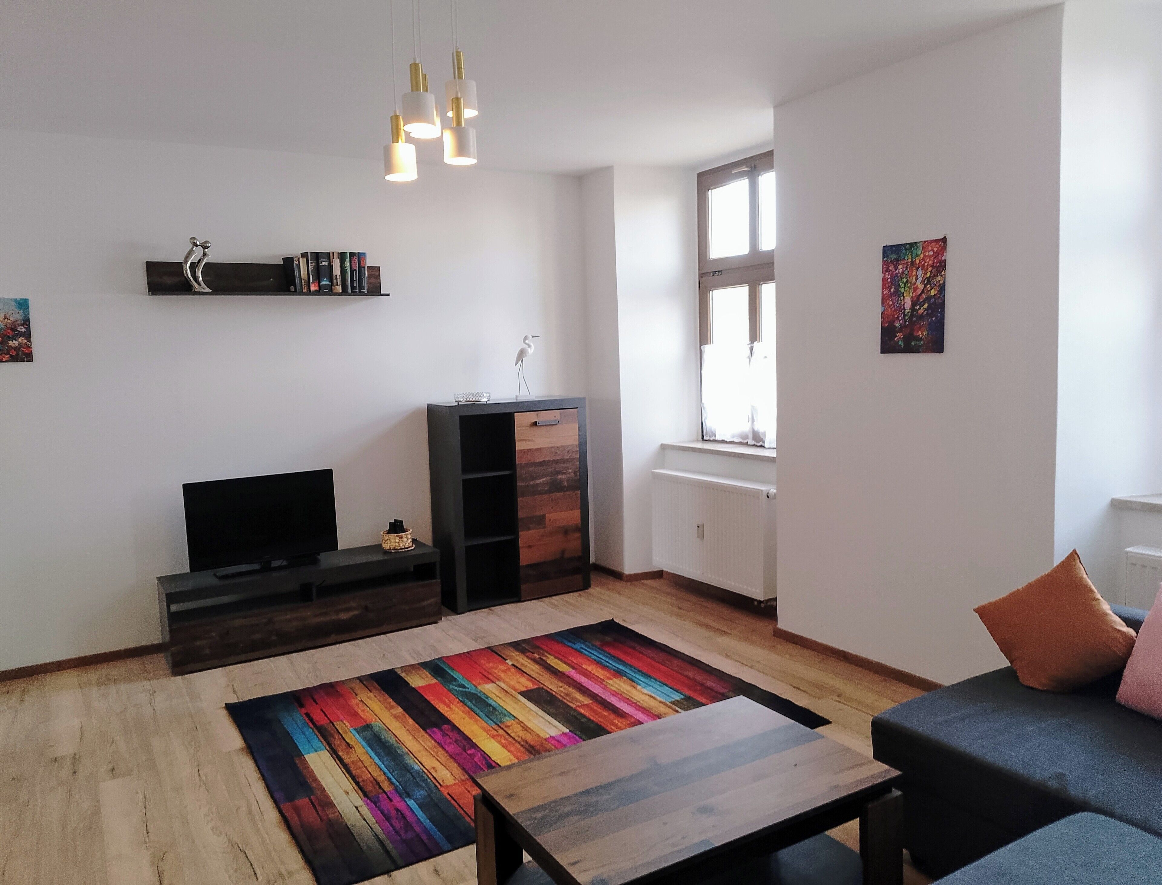 Een woonkamer met een televisie, een boekenkast, een salontafel, een bank, een kleurrijk vloerkleed en een raam met gordijnen.