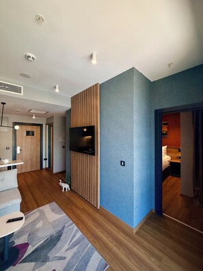 A modern hotel room with a flat-screen TV, wooden panel wall, and a large window.