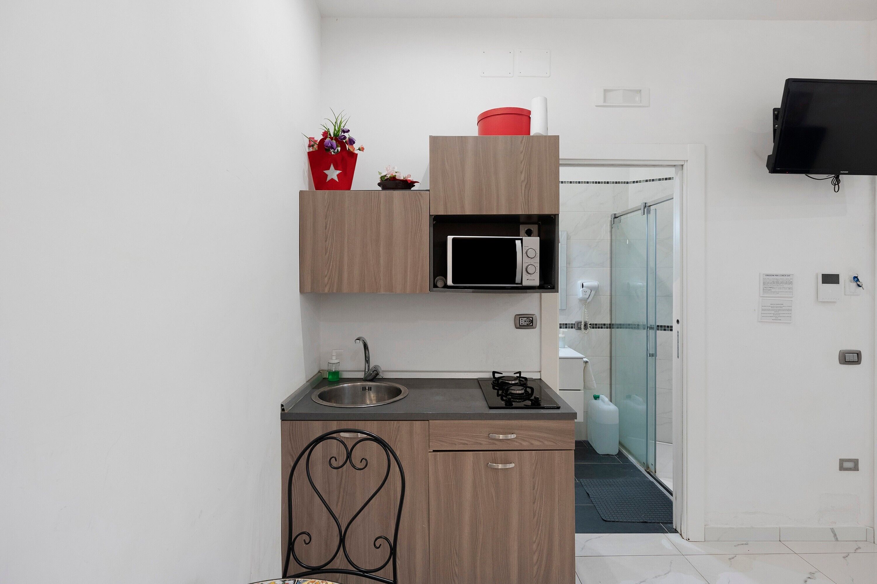 Kühlschrank, Mikrowelle, Herdplatte, Kochgeschirr/Geschirr/Besteck