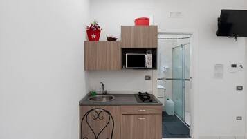 Kühlschrank, Mikrowelle, Herdplatte, Kochgeschirr/Geschirr/Besteck