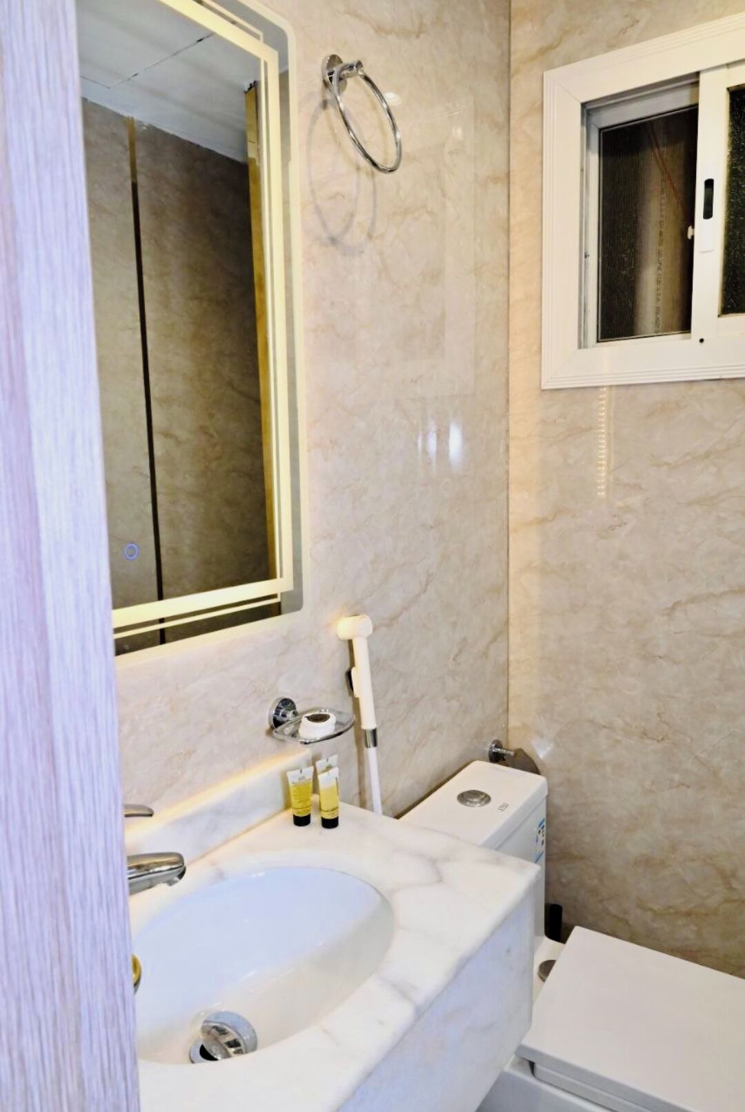 Shower, free toiletries, towels, soap