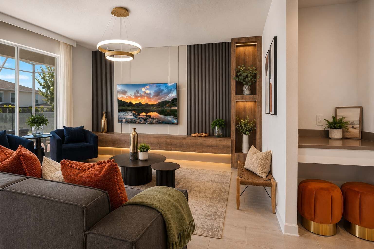 A modern living room with a sofa, coffee table, and a TV wall-mounted above a wooden panel wall.