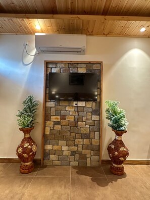 Una habitación con pared de piedra, un televisor de pantalla plana y dos jarrones decorativos.