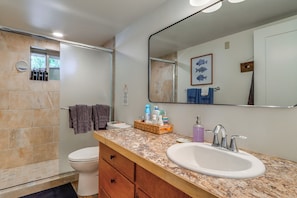 A bathroom with a shower, toilet, sink, and a large mirror. - Private Dock, Deck & Yard: Luxe Sacheen Lake Home (Newport)