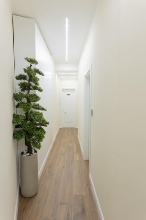 A narrow hallway with a potted bonsai tree, wooden flooring, white walls, and a door at the end.