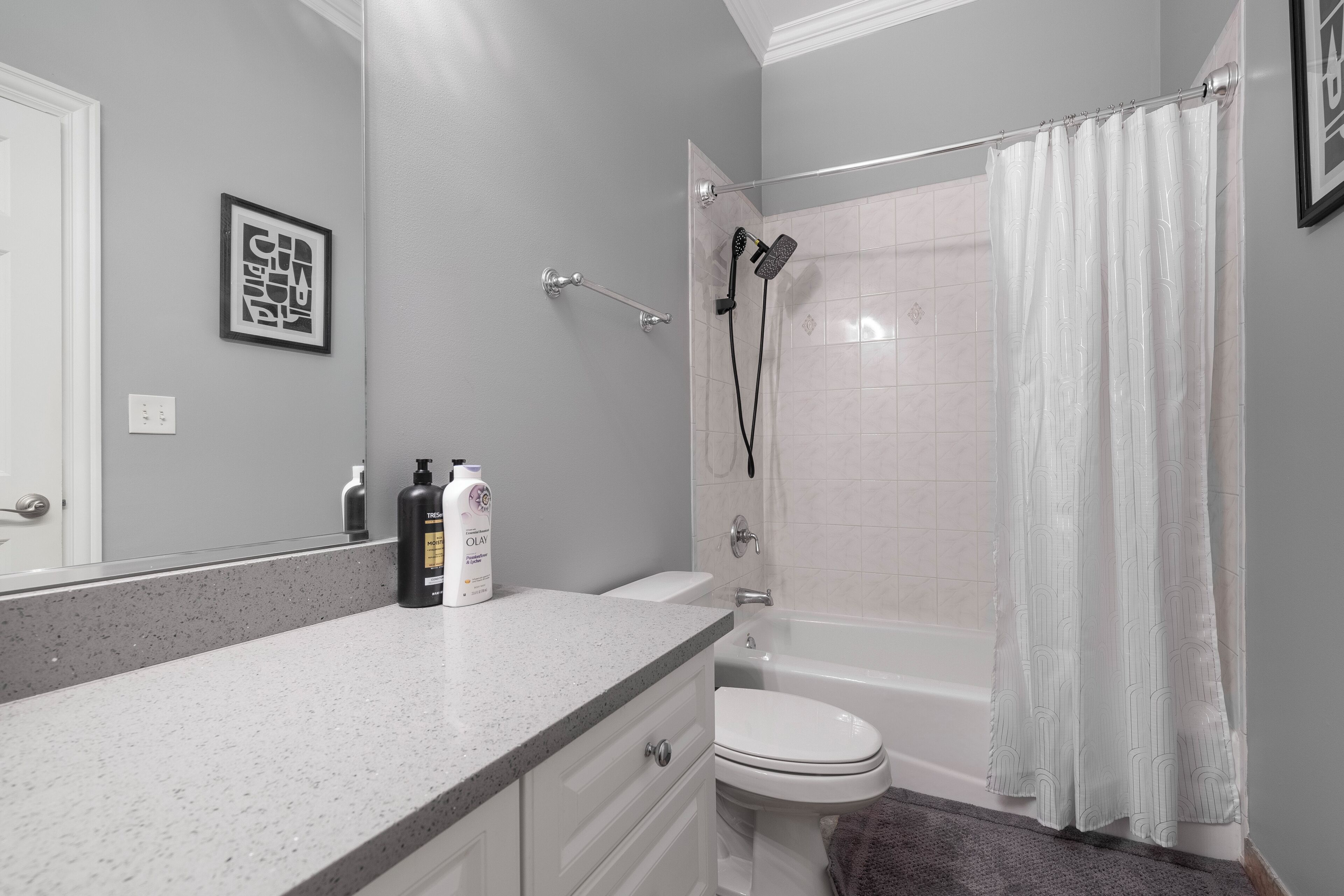 Ein Badezimmer mit Toilette, einer Badewanne, einer Dusche mit Glastür, einem Handtuchhalter und einem gerahmten Bild an der Wand.