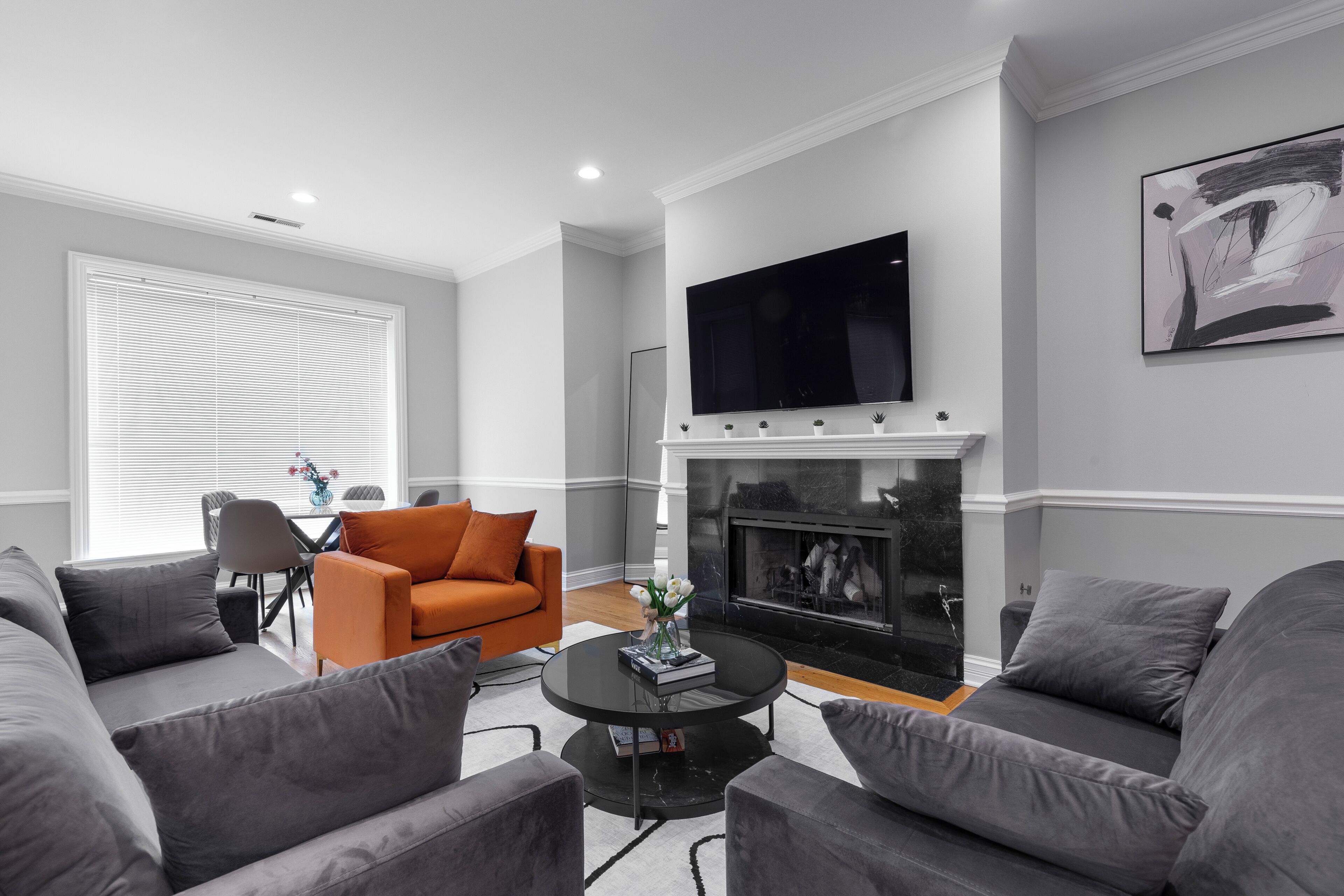 Smart TV, fireplace, books