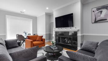 Smart TV, fireplace, books
