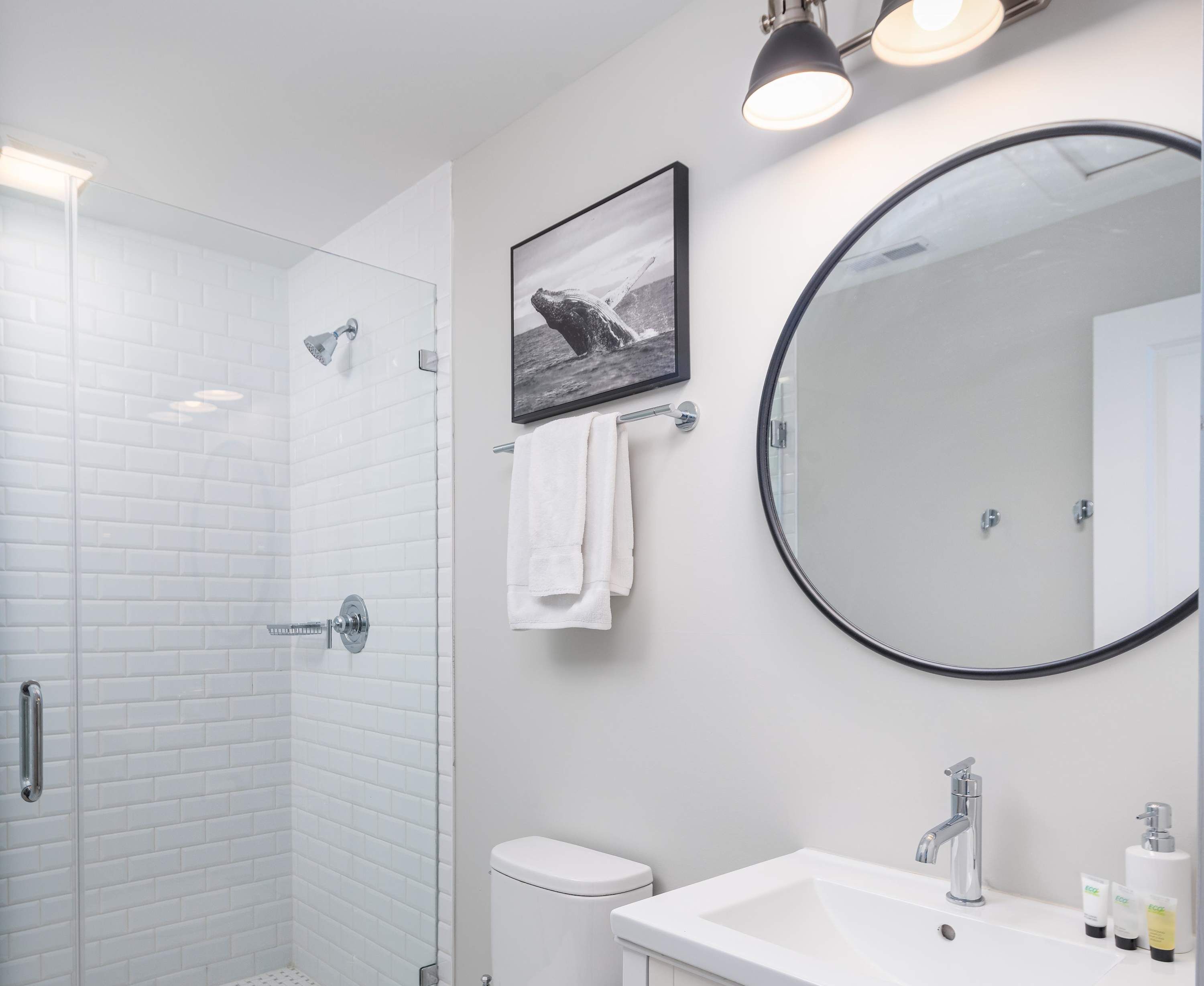 Shower, hair dryer, towels, shampoo