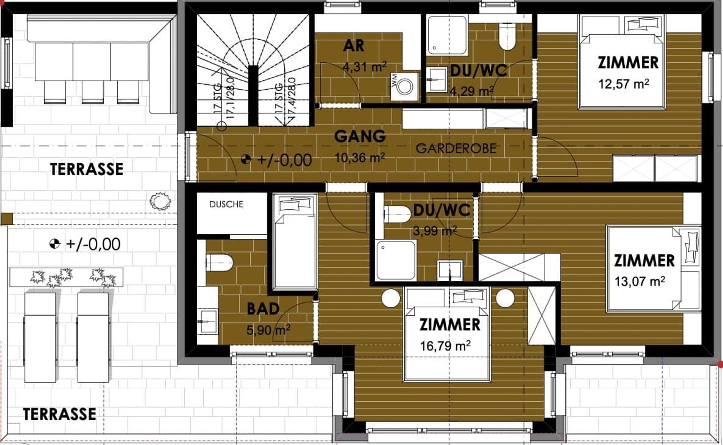 A floor plan with a terrace, a bathroom, a kitchen, and multiple bedrooms.
