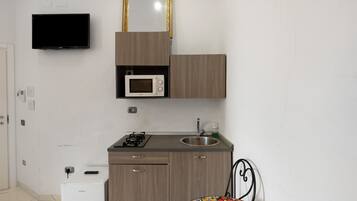 Fridge, microwave, stovetop, cookware/dishes/utensils