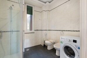 Ein Badezimmer mit Dusche, Toilette und Waschmaschine.