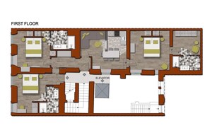 A first-floor floor plan with multiple bedrooms, a kitchen, a bathroom, and an elevator. - Dolcevita Panisperna 1 – Norma Apartment (Rome)