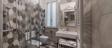 Shower, hair dryer, bidet, towels