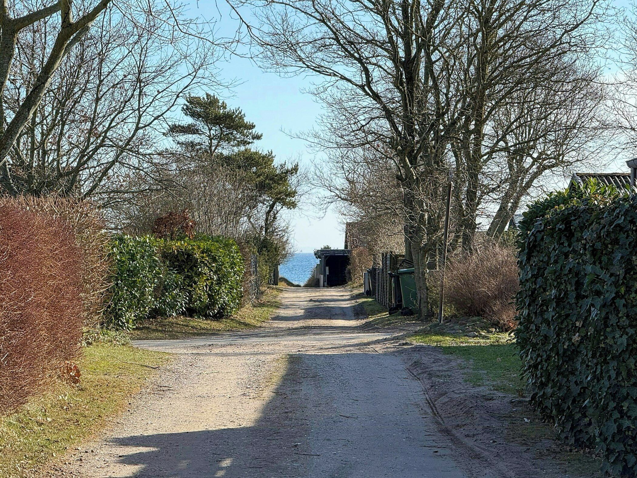 A rural road leading to a building with a covered entrance.