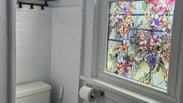 Hair dryer, towels, soap, toilet paper
