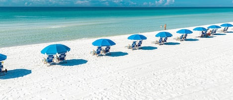 A beach with rows of blue umbrellas and beach chairs.