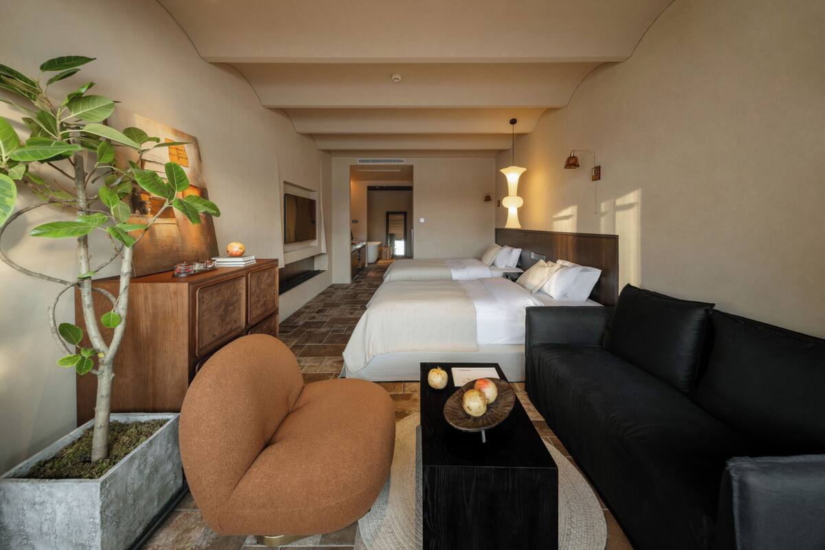 Una habitación de hotel con una cama, un sofá de cuero negro, un sillón marrón, una mesita con manzanas y una planta en maceta.
