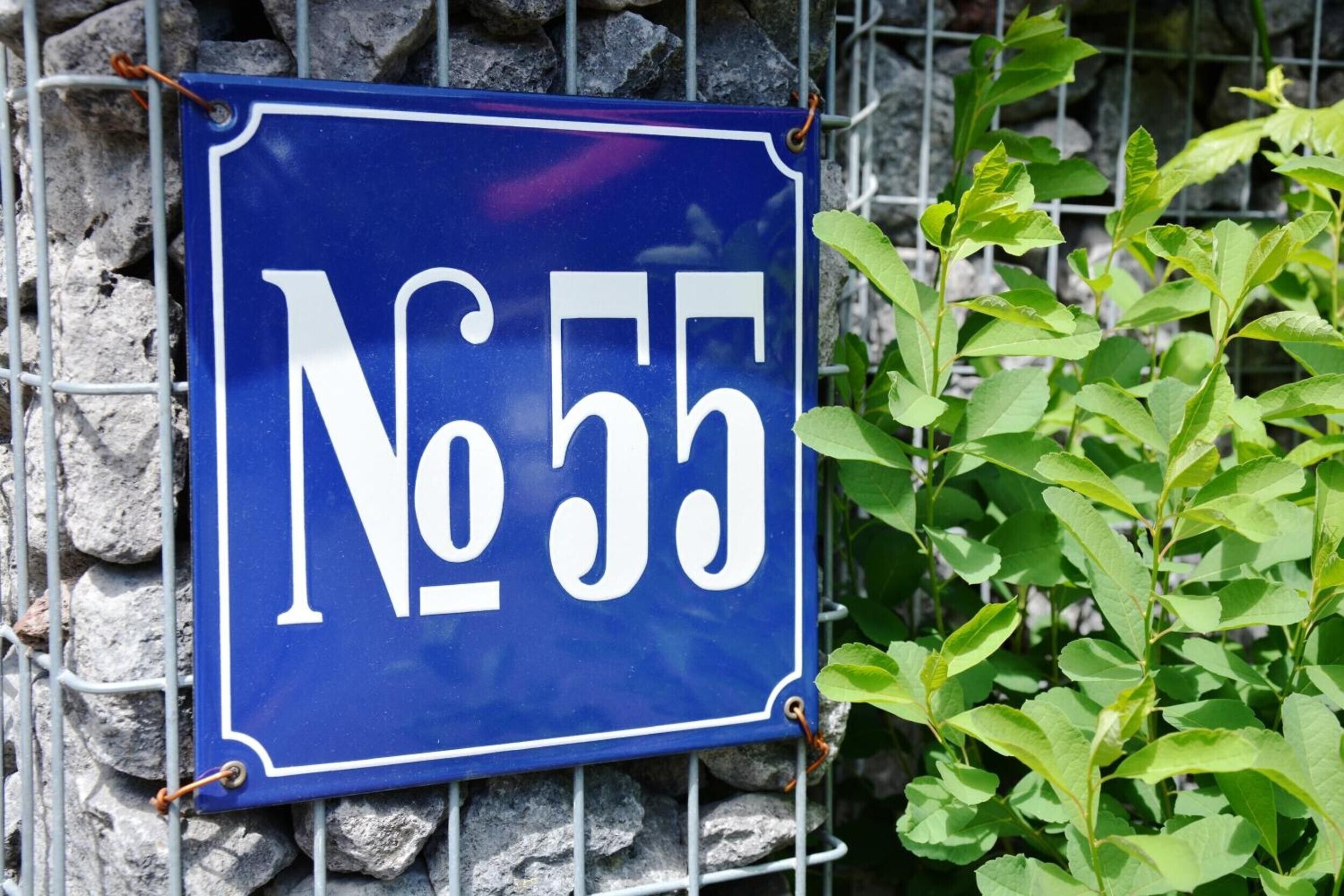 A blue sign with the number '55' attached to a metal fence, with green foliage in the background.