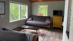 Een gezellige kamer met een bank, een televisie, een kast en een raam met uitzicht op bomen.