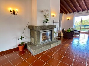 Ein Kamin mit Steinverkleidung, ein Blumentopf und eine Couch in einem Raum mit Fliesenboden und Holzboden.