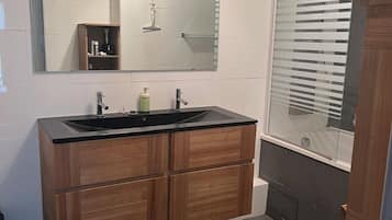 Hair dryer, towels, soap, toilet paper