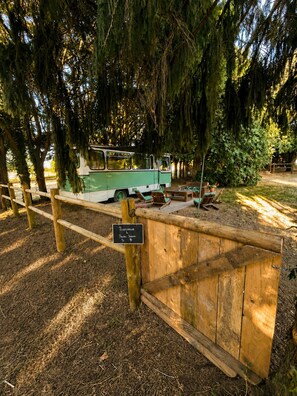 Un autobús verde estacionado en una zona boscosa con una valla de madera y un cartel que dice 'Bienvenue'.