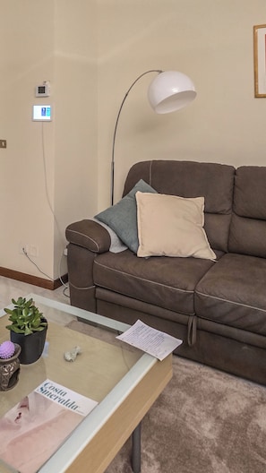 Ein braunes Sofa mit zwei Kissen, eine weiße Stehlampe, ein Glastisch mit einem Blumentopf und ein gerahmtes Bild an der Wand.