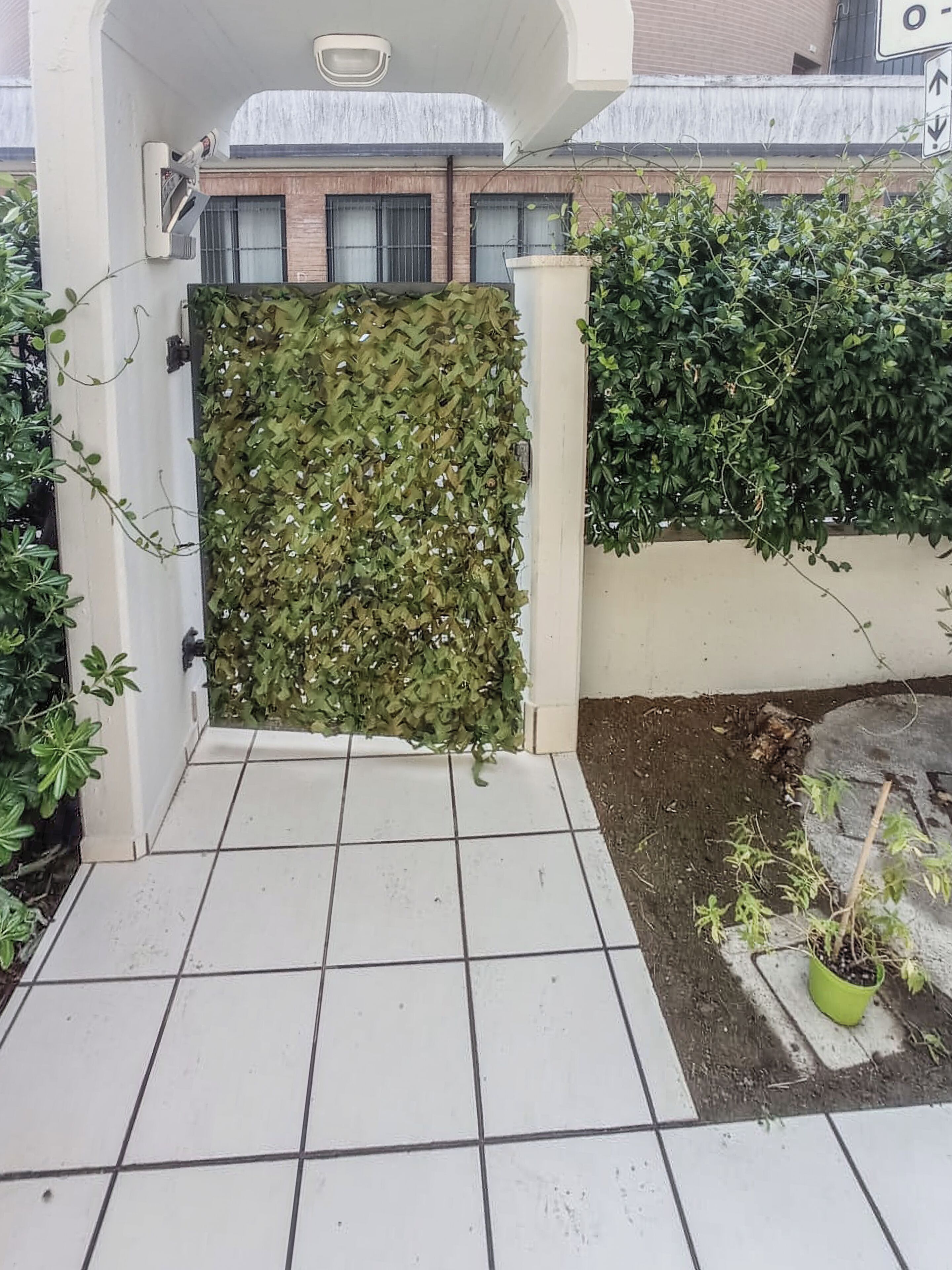 Uma entrada revestida em azulejos, com uma parede coberta de folhagem verde, um vaso de planta e um edifício ao fundo.