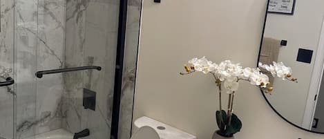 Ducha, secador de pelo, toallas y papel higiénico