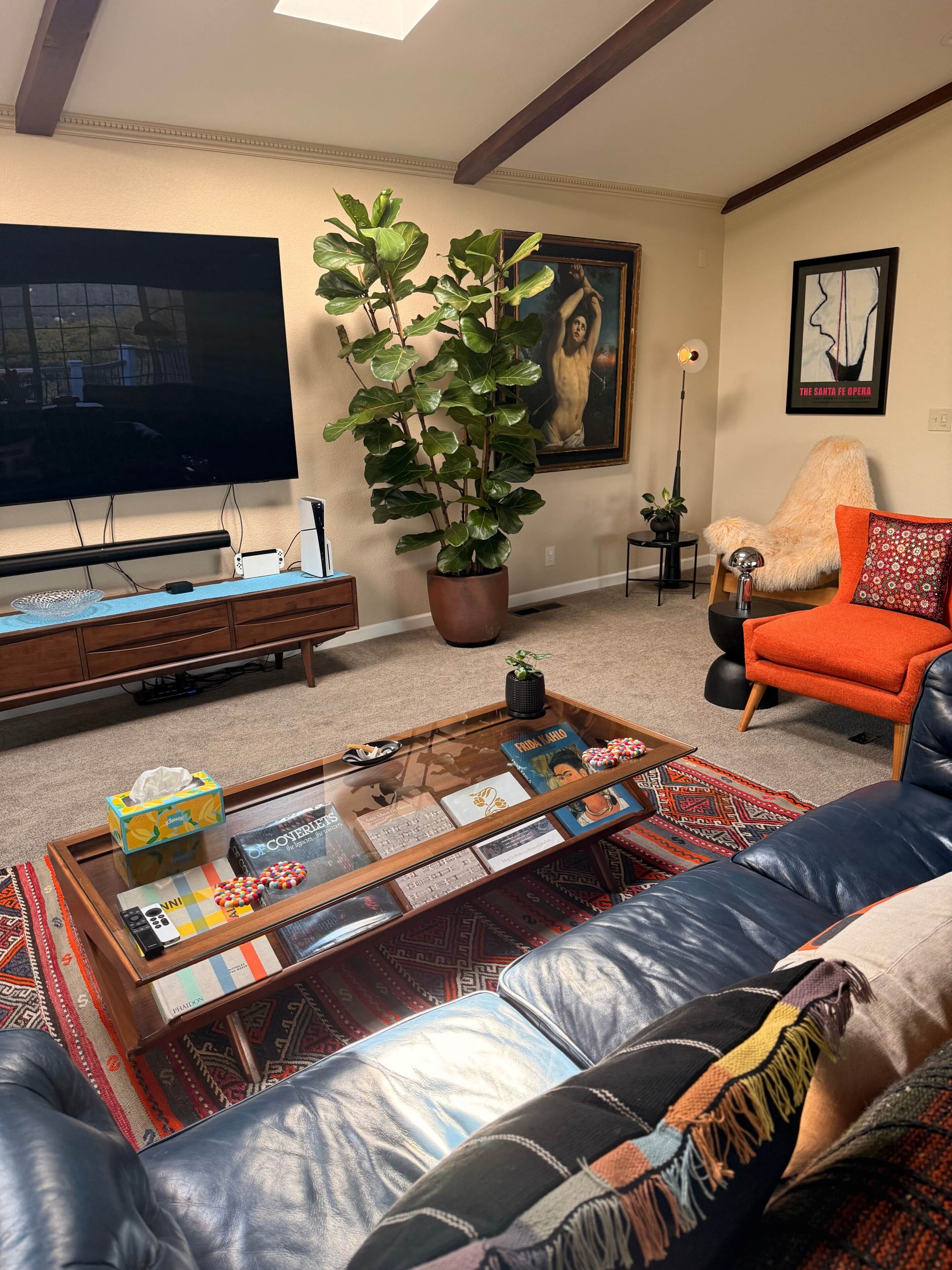 A living room with a large flat-screen TV, a coffee table with books and remote controls, a potted plant, a sofa with a throw pillow, and a framed picture on the wall.