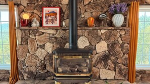 A stone fireplace with a black chimney, surrounded by shelves with decorative items and a potted plant.